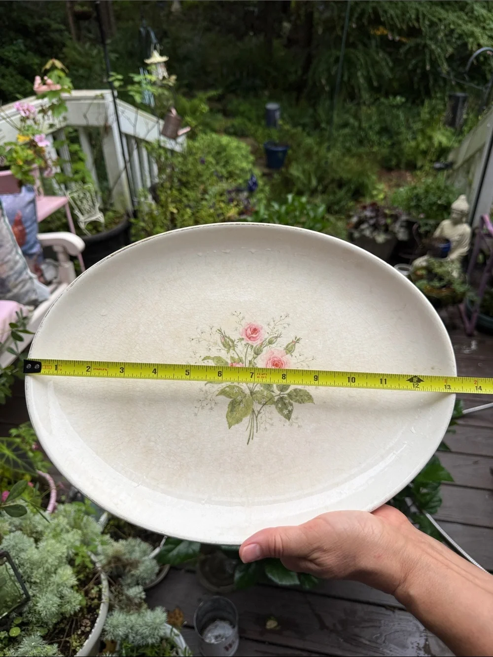 Vintage Cream Oval Ceramic Serving Platter Tray with Pink Rose Bouquet